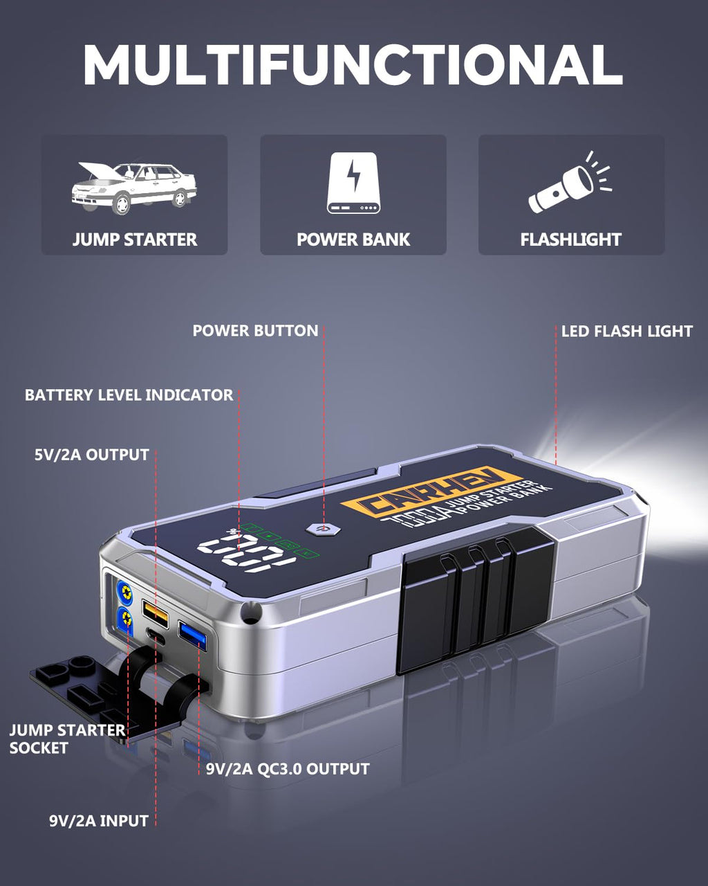 Car Battery Jump Starter Portable 12V with Jumper Cables LED Light D797
