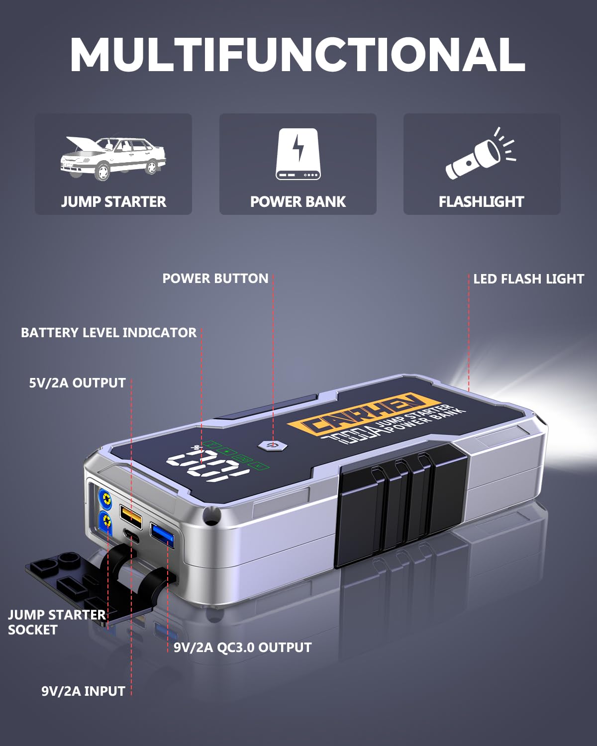 Car Battery Jump Starter Portable 12V with Jumper Cables LED Light D797