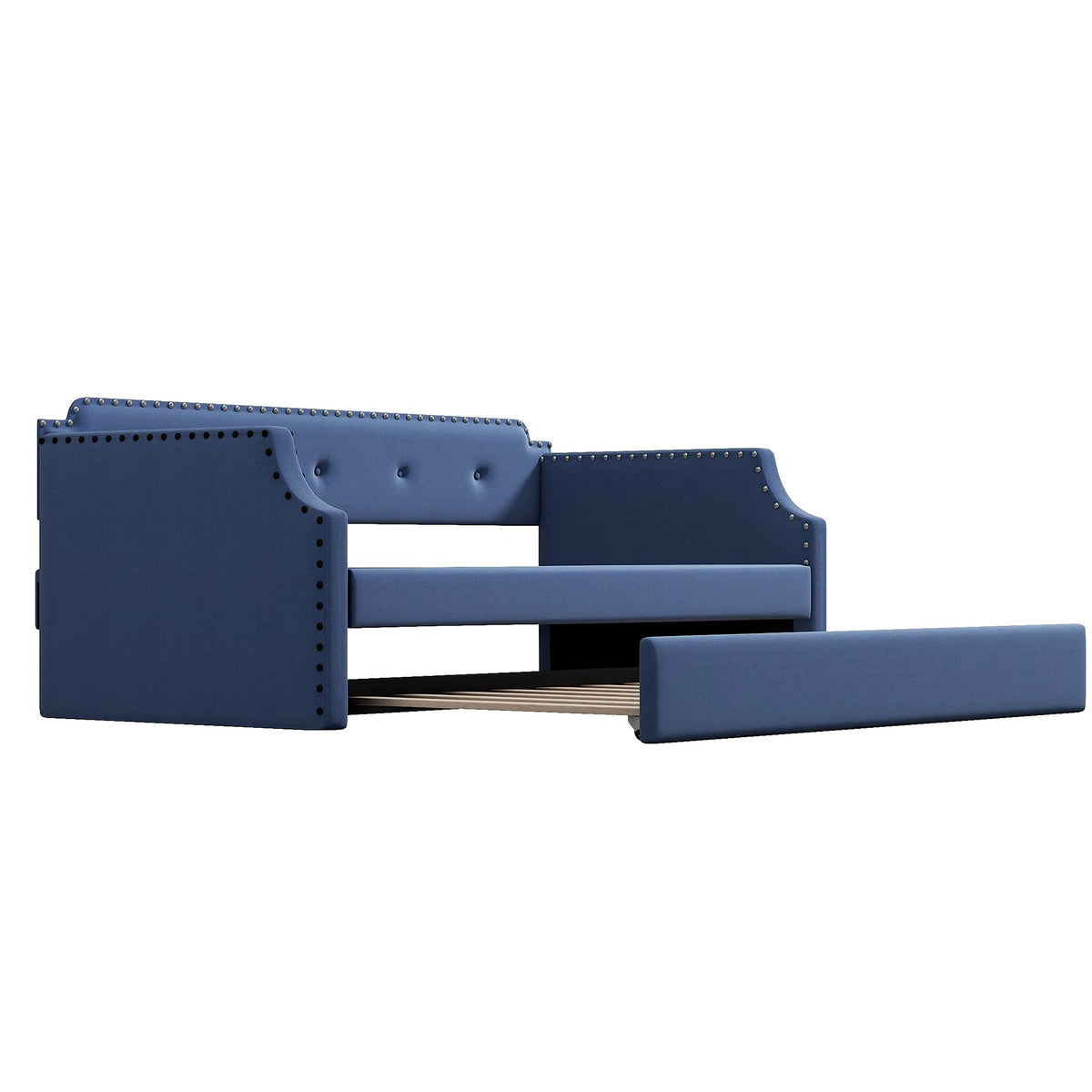 Blue Linen Upholstered Daybed with Trundle Twin Size X68012