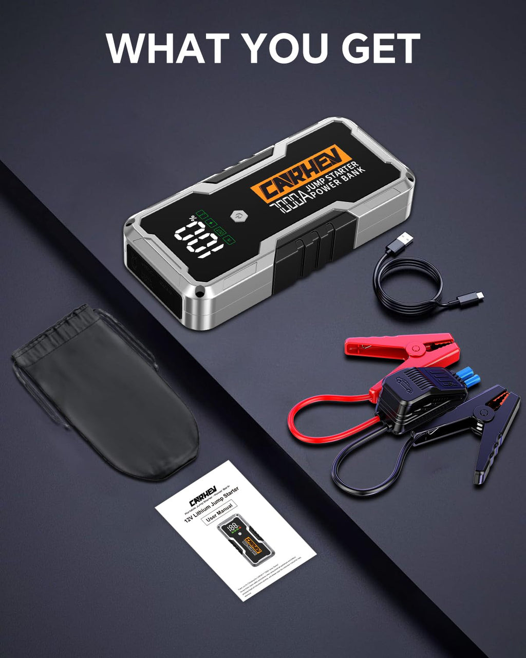 Car Battery Jump Starter Portable 12V with Jumper Cables LED Light D797