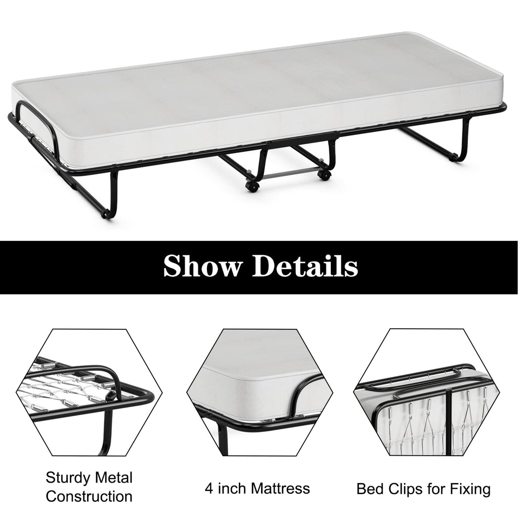 Folding Bed with Memory Foam Mattress and Metal Frame on Wheels M2909