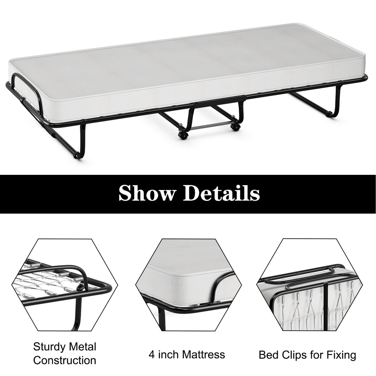 Folding Bed with Memory Foam Mattress and Metal Frame on Wheels M2909