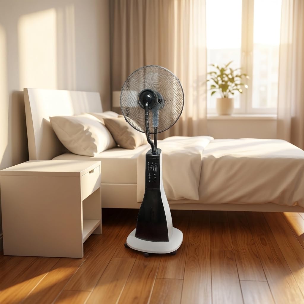 47" Misting Oscillating Pedestal Fan with Water Tank, Remote, Timer, 3 Speeds, Black White Z63905