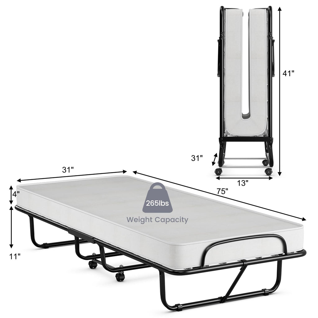 Folding Bed with Memory Foam Mattress and Metal Frame on Wheels M2909