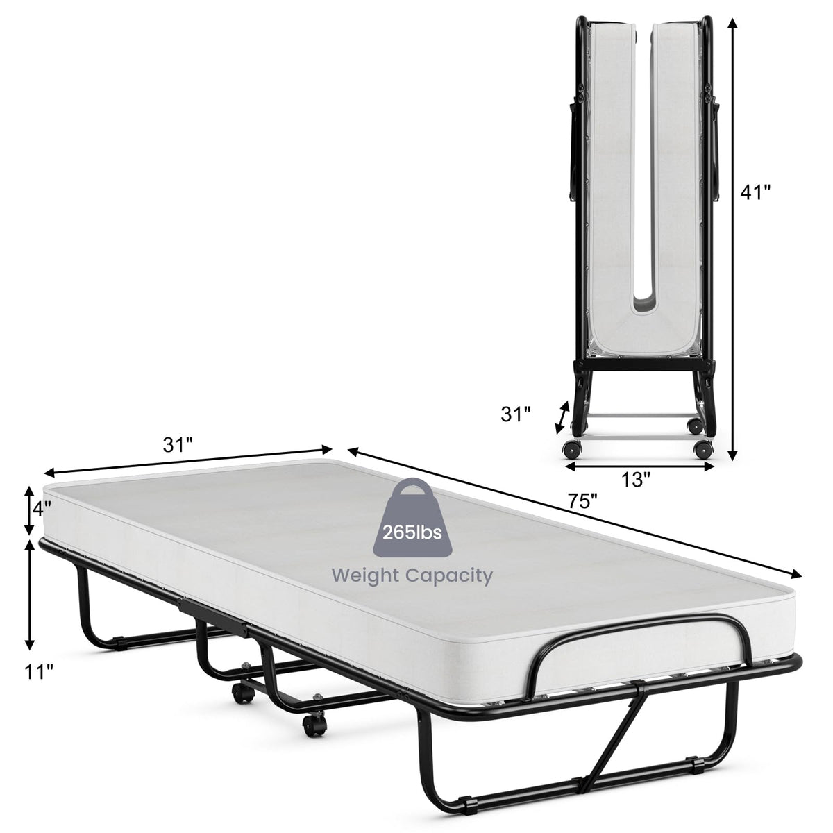 Folding Bed with Memory Foam Mattress and Metal Frame on Wheels M2909