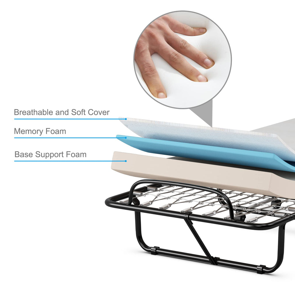 Folding Bed with Memory Foam Mattress and Metal Frame on Wheels M2909