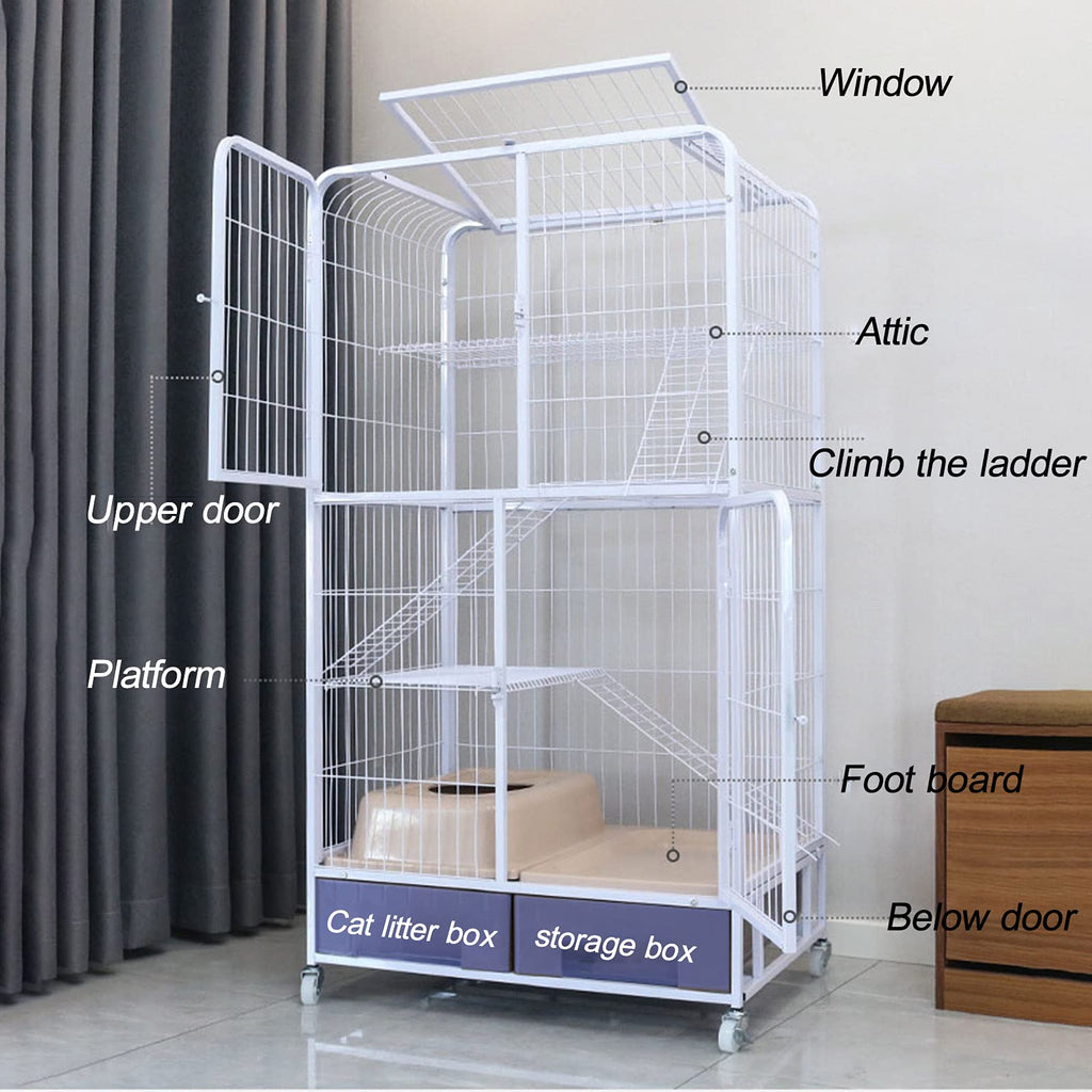 White Folding Metal Cat Cage Dog Crate with Four Wheels M14180