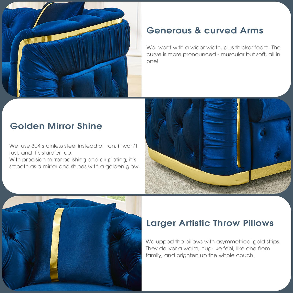 Blue and Gold Velvet Button Tufted Loveseat Sofa I467