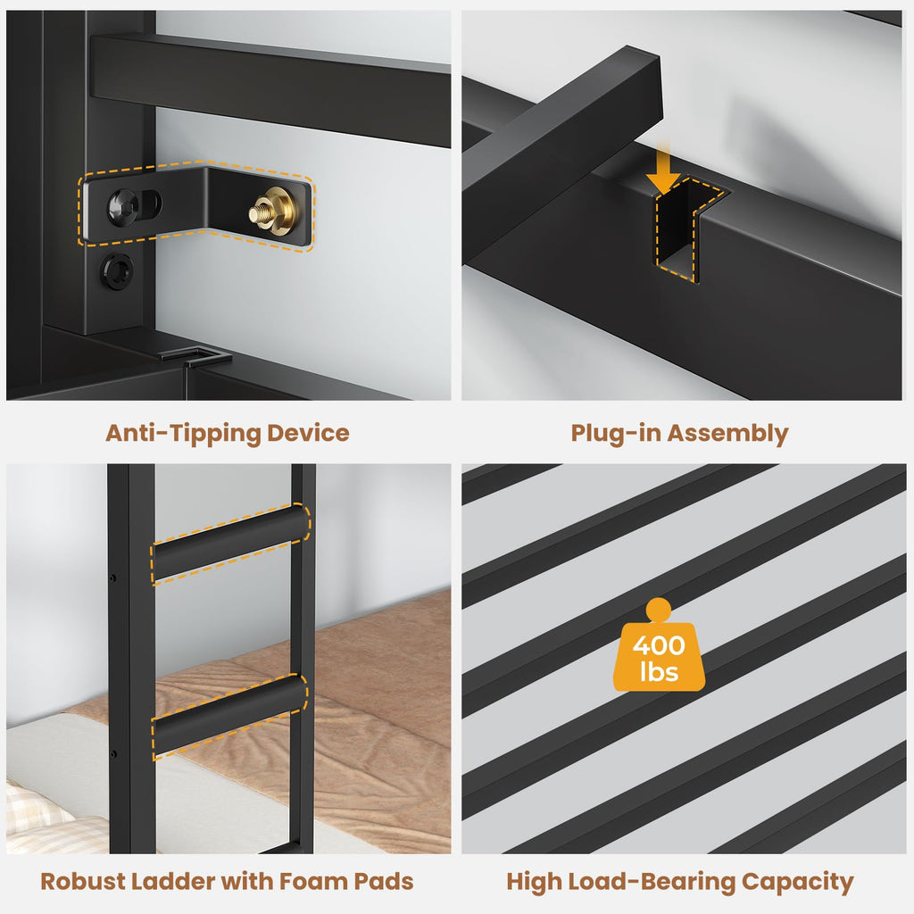 Twin Over Twin Bunk Bed with 8 Storage Drawers and Power Outlets, LED Metal Bunk Bed with Ladder, Black D90557