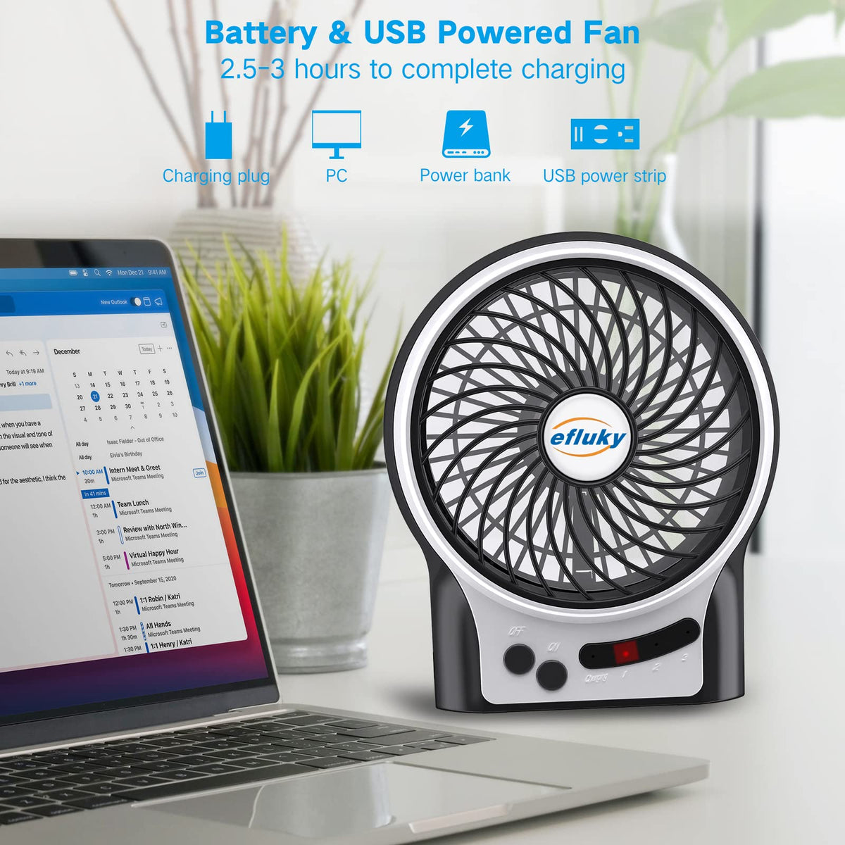 4.9-Inch Mini Desk Fan, 3 Speeds, Rechargeable USB Powered with LED Light, Black Z138