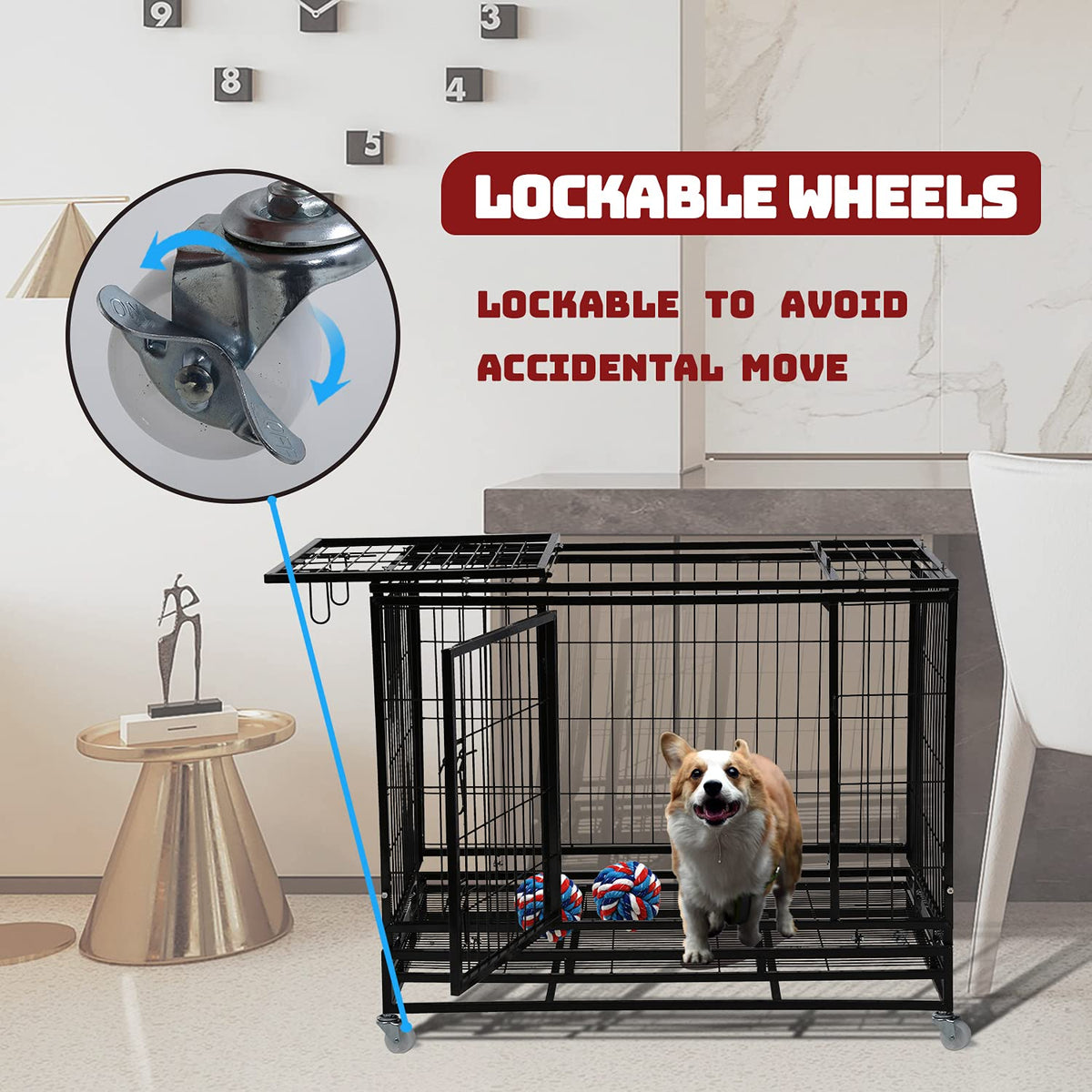 48 inch Heavy Duty Foldable Dog Crate with Lockable Wheels T4162
