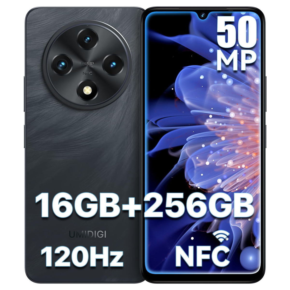 Android 14 6.9" HD+ 120Hz Octa-core 16GB +256GB 6000mAh 50MP Triple Camera Dual 4G LTE NFC Black Smartphone Q5051