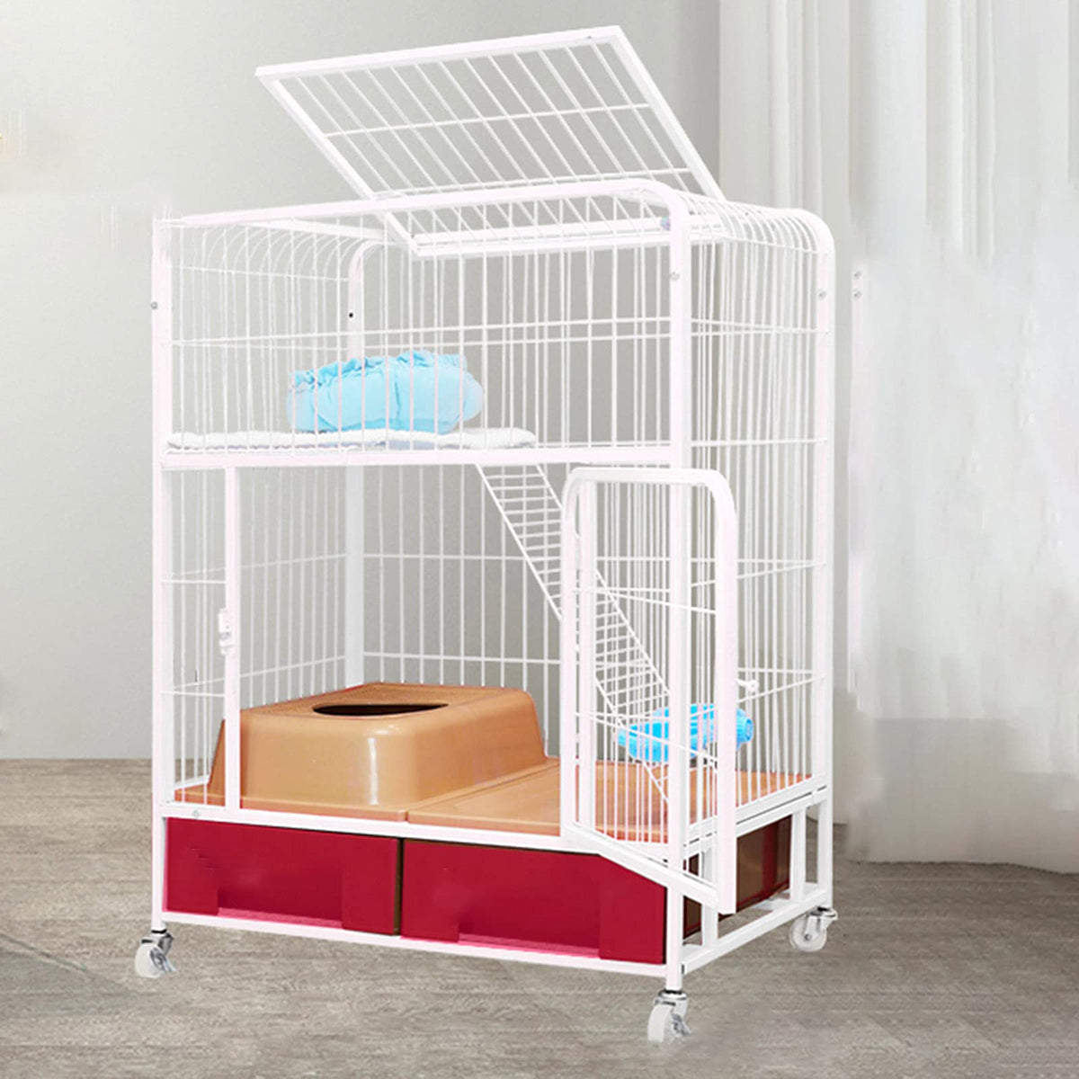 White Folding Metal Cat Cage Dog Crate with Four Wheels M14180