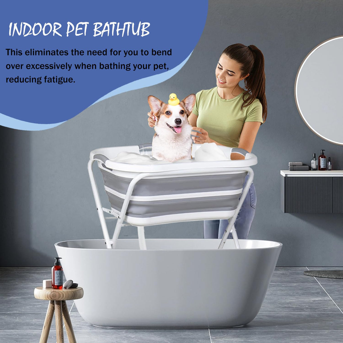 Portable Collapsible Elevated Pet Tub with Built-in Drainage System M58751