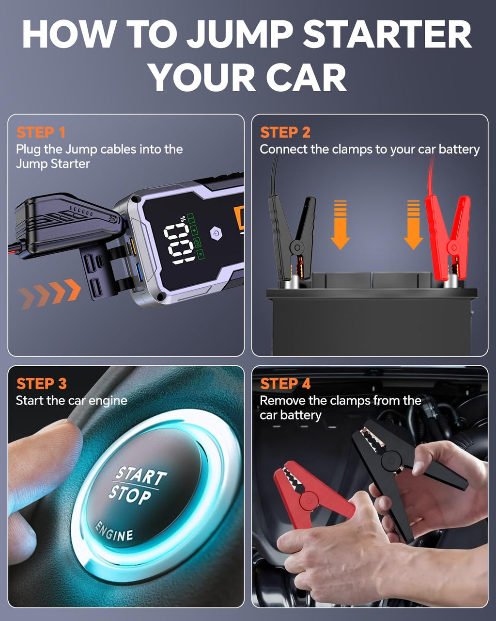 Car Battery Jump Starter Portable 12V with Jumper Cables LED Light D797