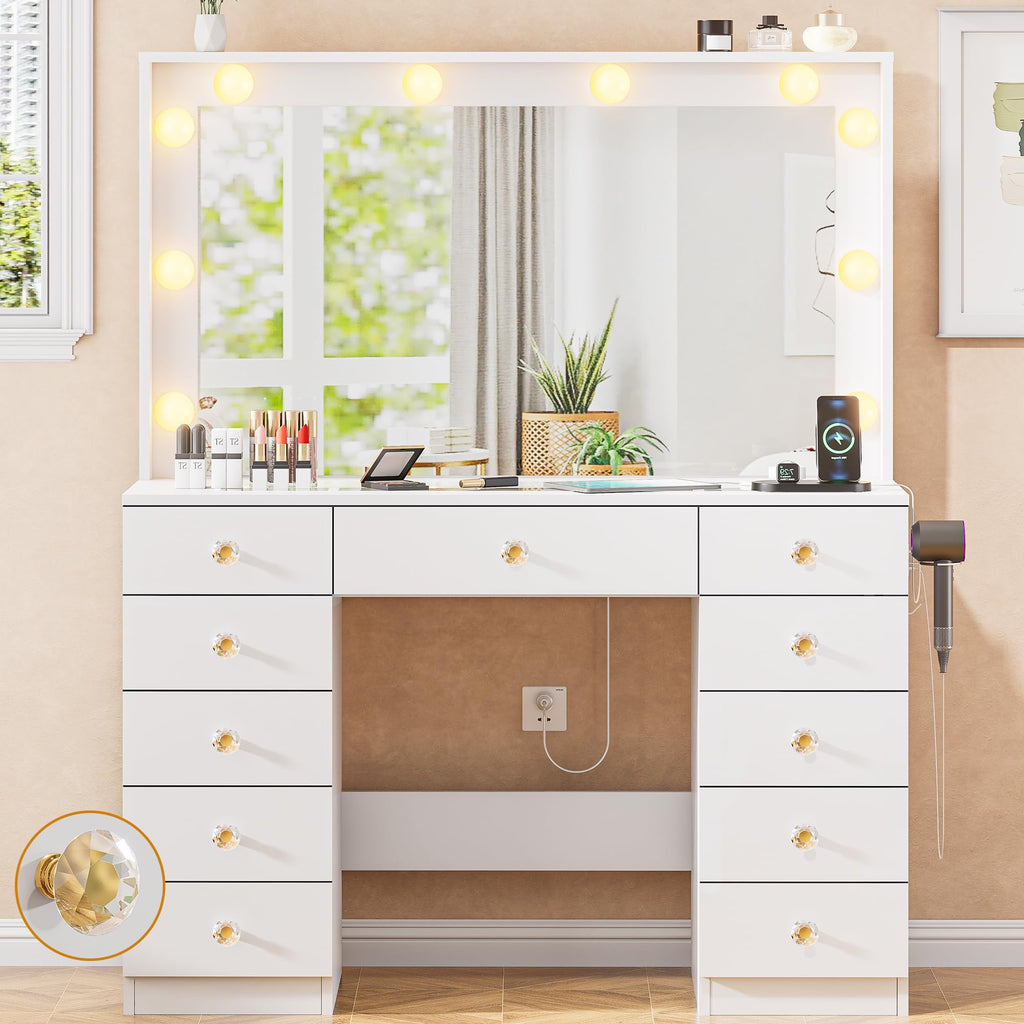 White Vanity Desk with Mirror 10 LED Lights 11 Drawers W328556