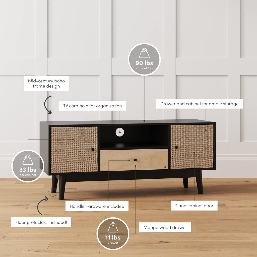 Black Oak Rattan TV Stand with Storage Doors C15813