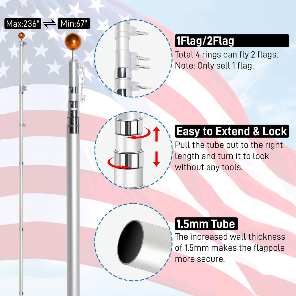 20FT Sectional Heavy Duty Aluminum Flag Pole Kit with 3x5 ft American Flag P341