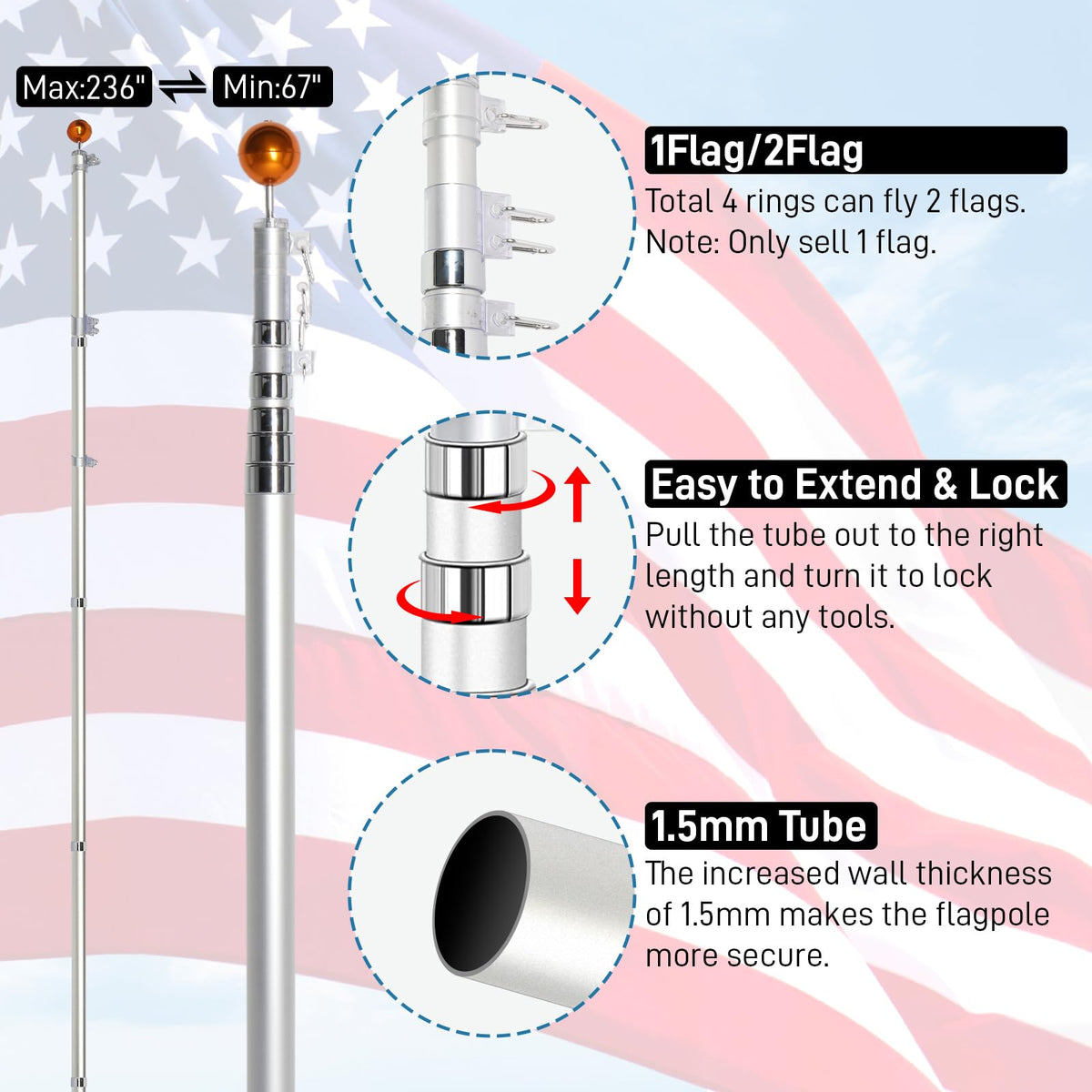 20FT Sectional Heavy Duty Aluminum Flag Pole Kit with 3x5 ft American Flag P341
