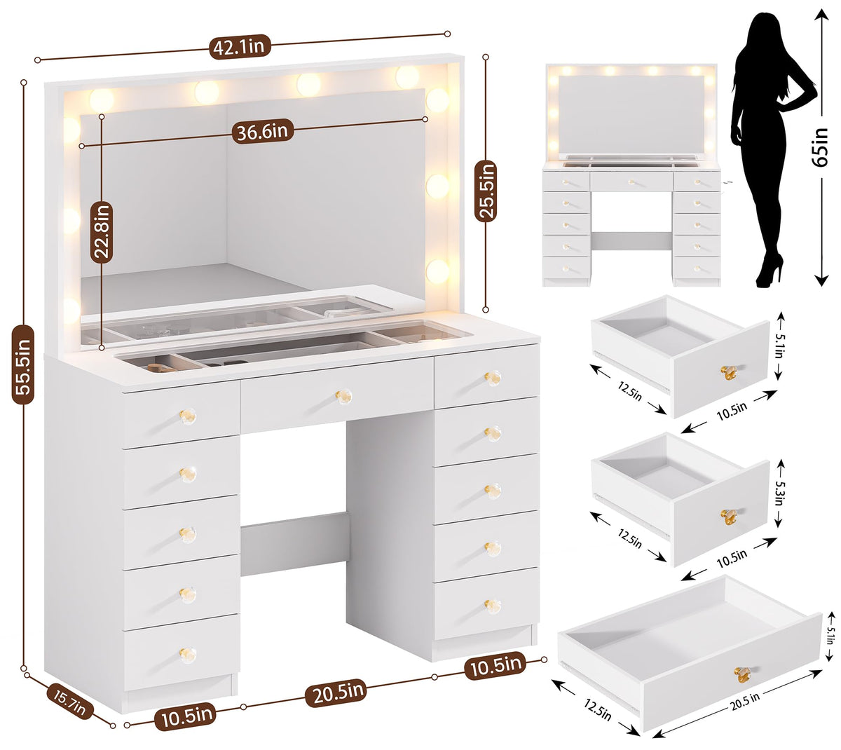 White Vanity Desk with Mirror 10 LED Lights 11 Drawers W328556