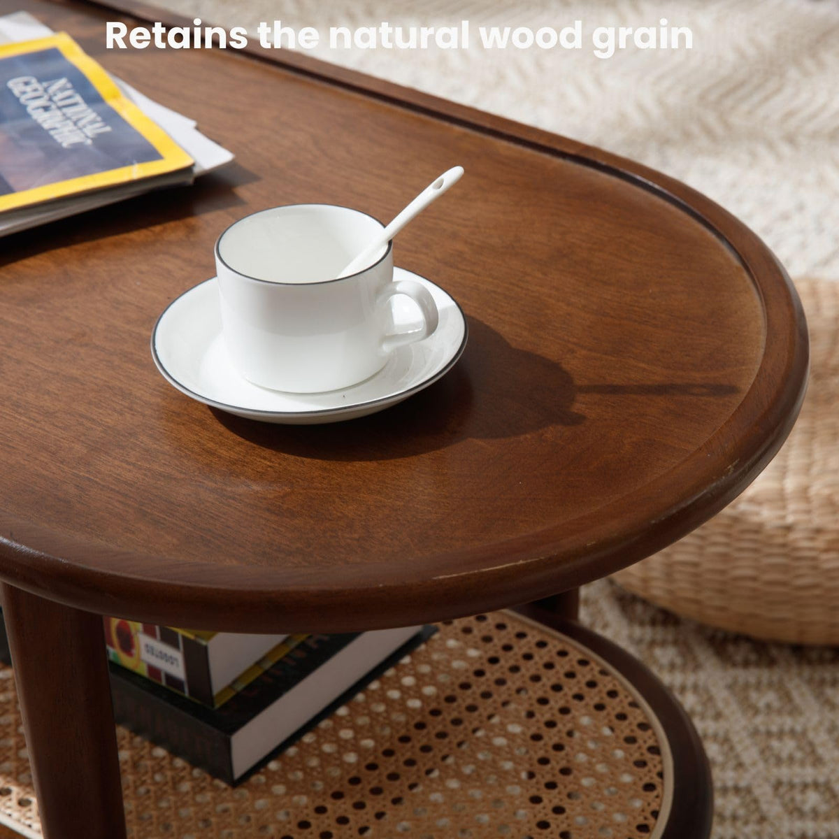 Oval 2-Tier Coffee Table with Rattan Storage Shelf M252477
