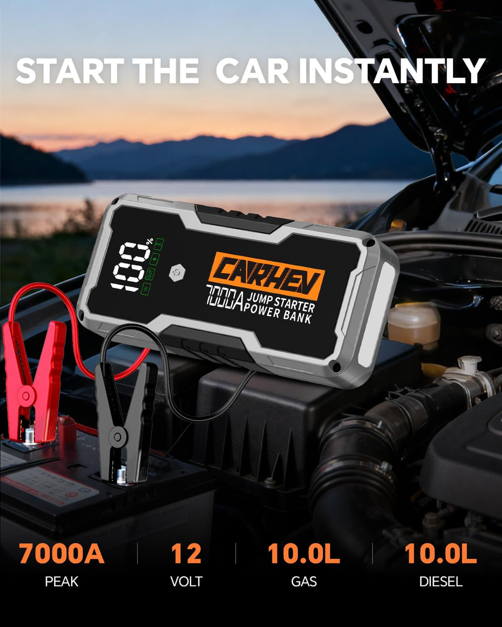 Car Battery Jump Starter Portable 12V with Jumper Cables LED Light D797