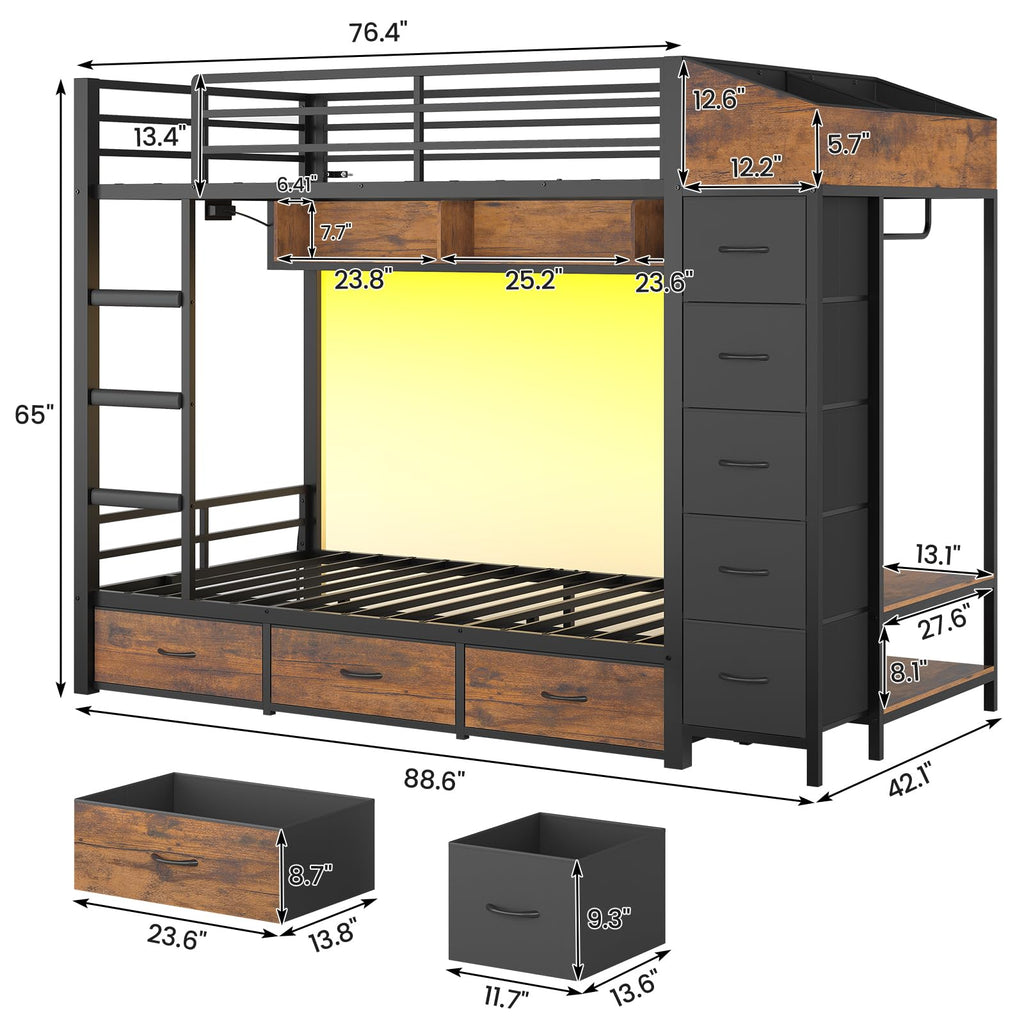 Twin Over Twin Bunk Bed with 8 Storage Drawers and Power Outlets, LED Metal Bunk Bed with Ladder, Black D90557