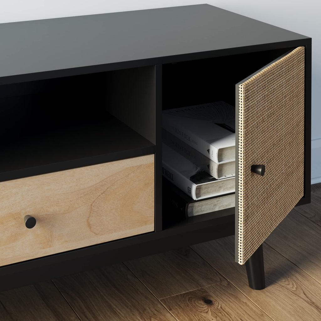 Black Oak Rattan TV Stand with Storage Doors C15813