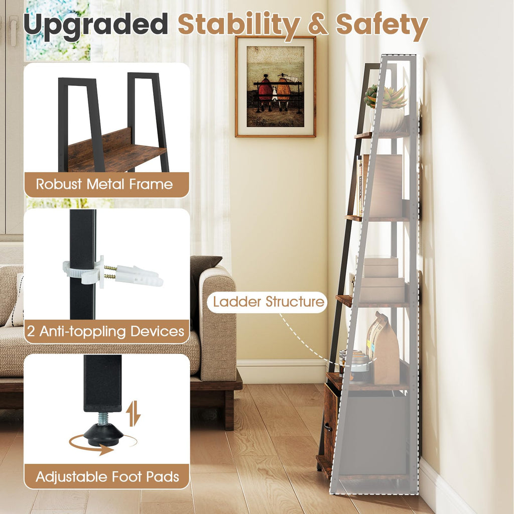 5-Tier Ladder Bookshelf Set of 2 Fabric Drawer Z24701
