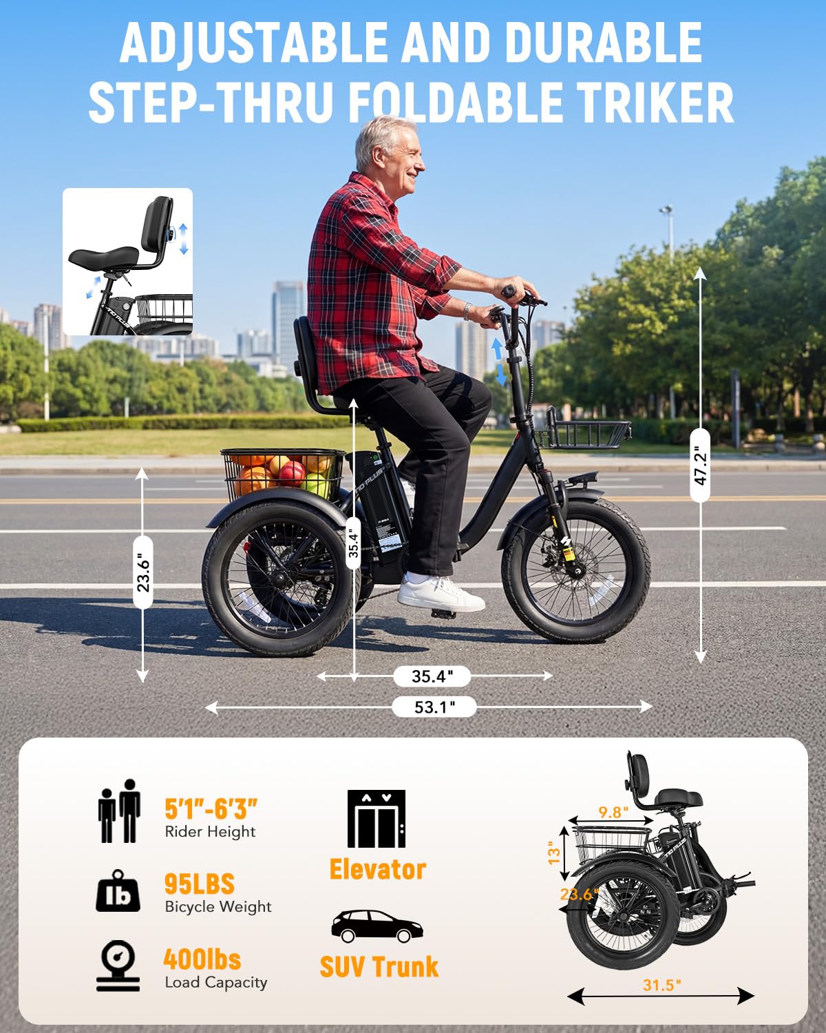 1200W Folding 3 Wheel Electric Trike Bike S343