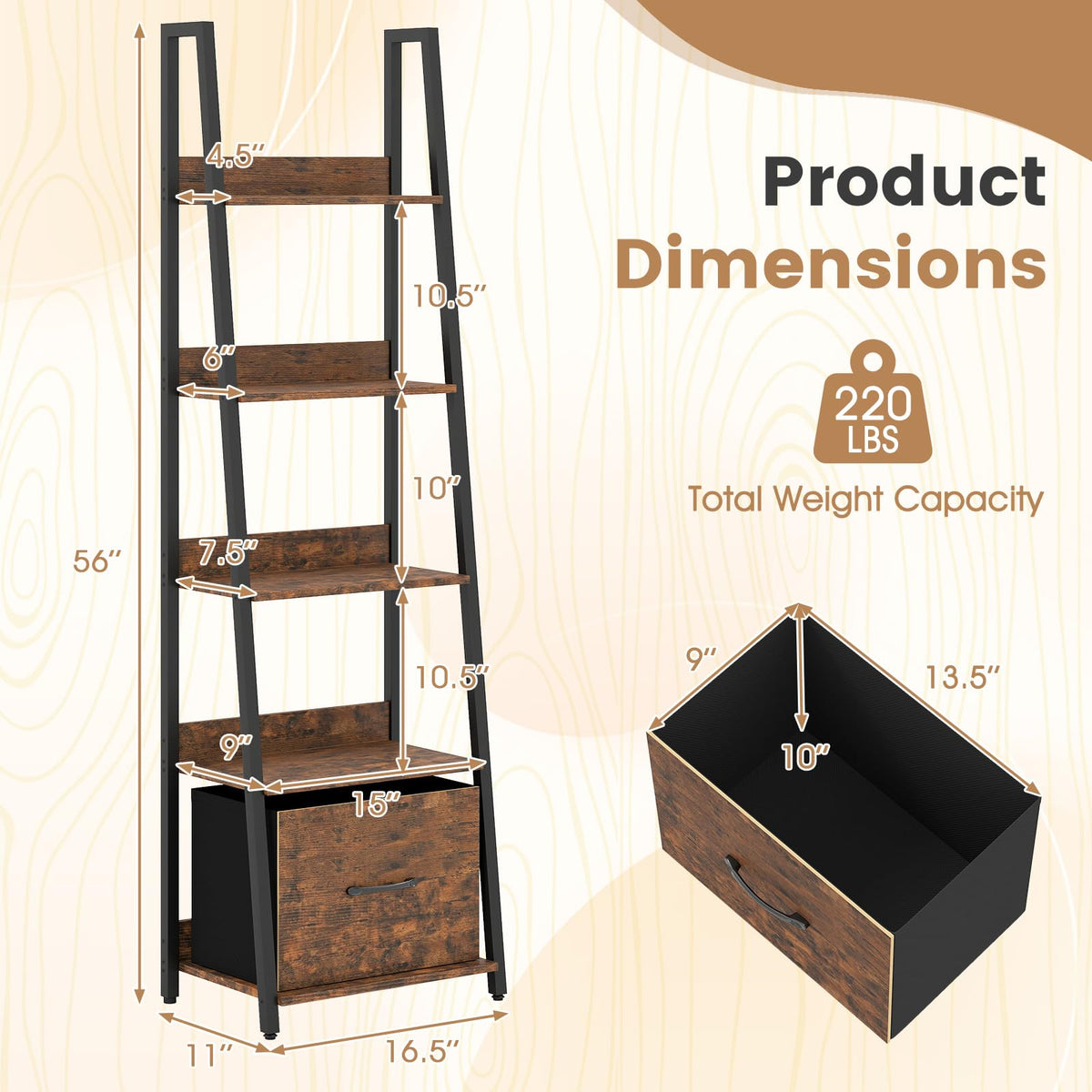 5-Tier Ladder Bookshelf Set of 2 Fabric Drawer Z24701