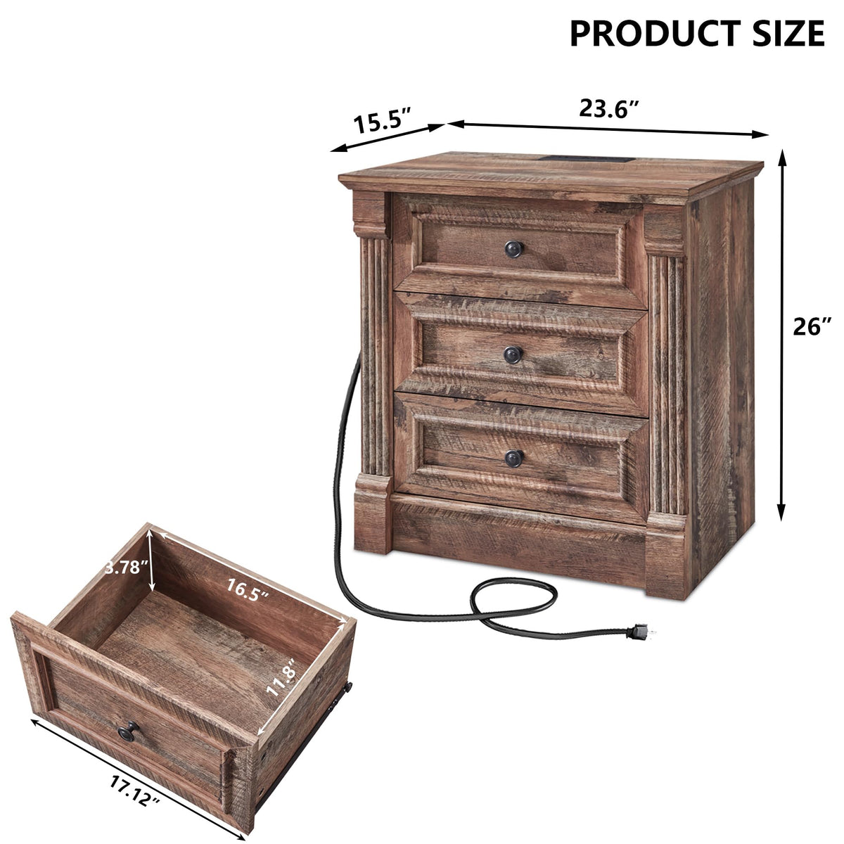 26" Tall 3 Drawer Light Brown Nightstand M5065