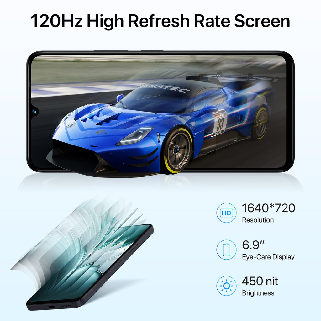 Android 14 6.9" HD+ 120Hz Octa-core 16GB +256GB 6000mAh 50MP Triple Camera Dual 4G LTE NFC Black Smartphone Q5051