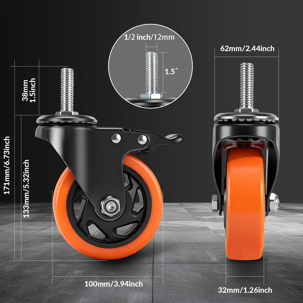4 Inch Threaded Stem Caster Wheels Set of 4 with Brake T293