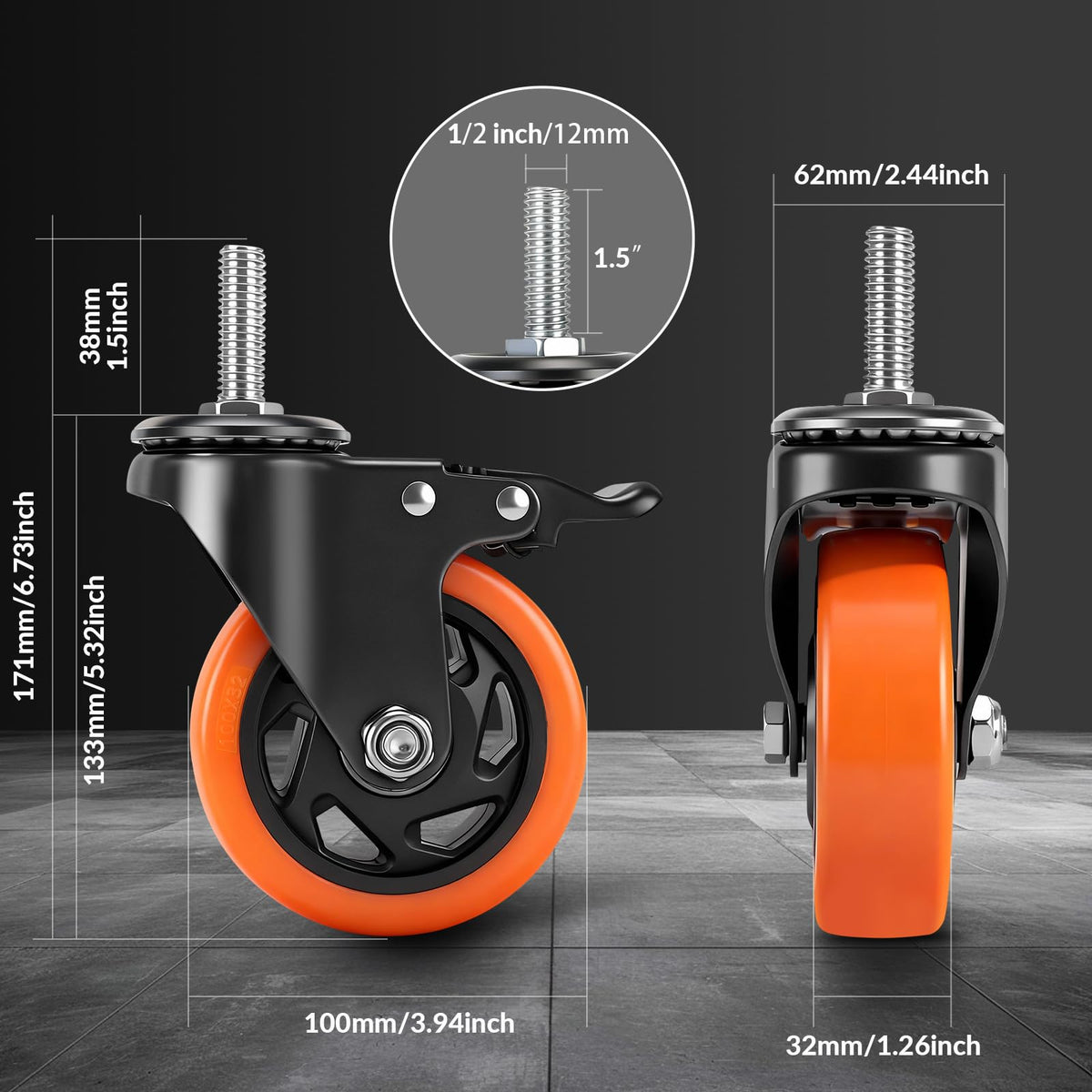 4 Inch Threaded Stem Caster Wheels Set of 4 with Brake T293