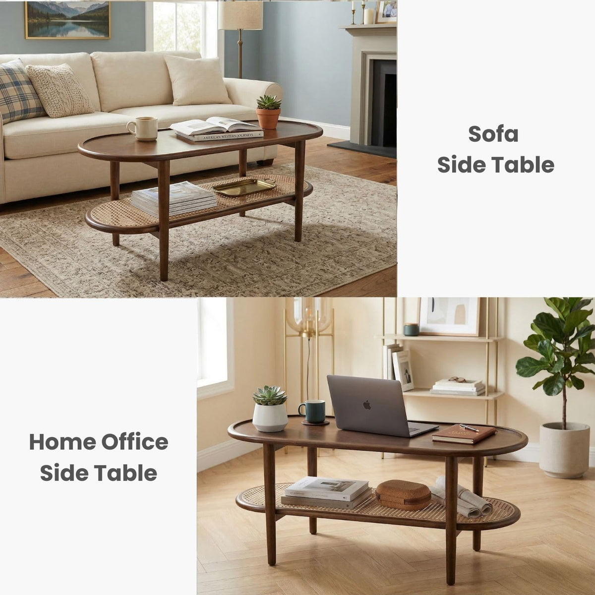 Oval 2-Tier Coffee Table with Rattan Storage Shelf M252477