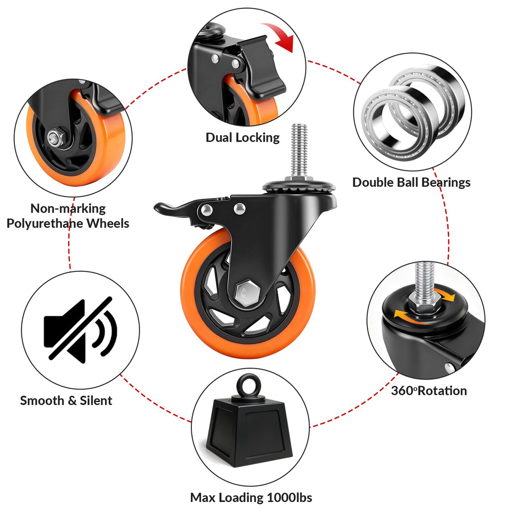 4 Inch Threaded Stem Caster Wheels Set of 4 with Brake T293