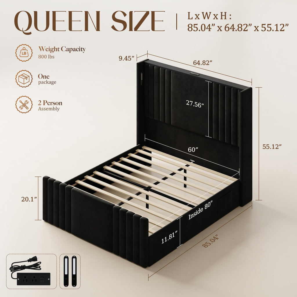 Queen Size Platform Bed Frame with Reading Lights Q18464