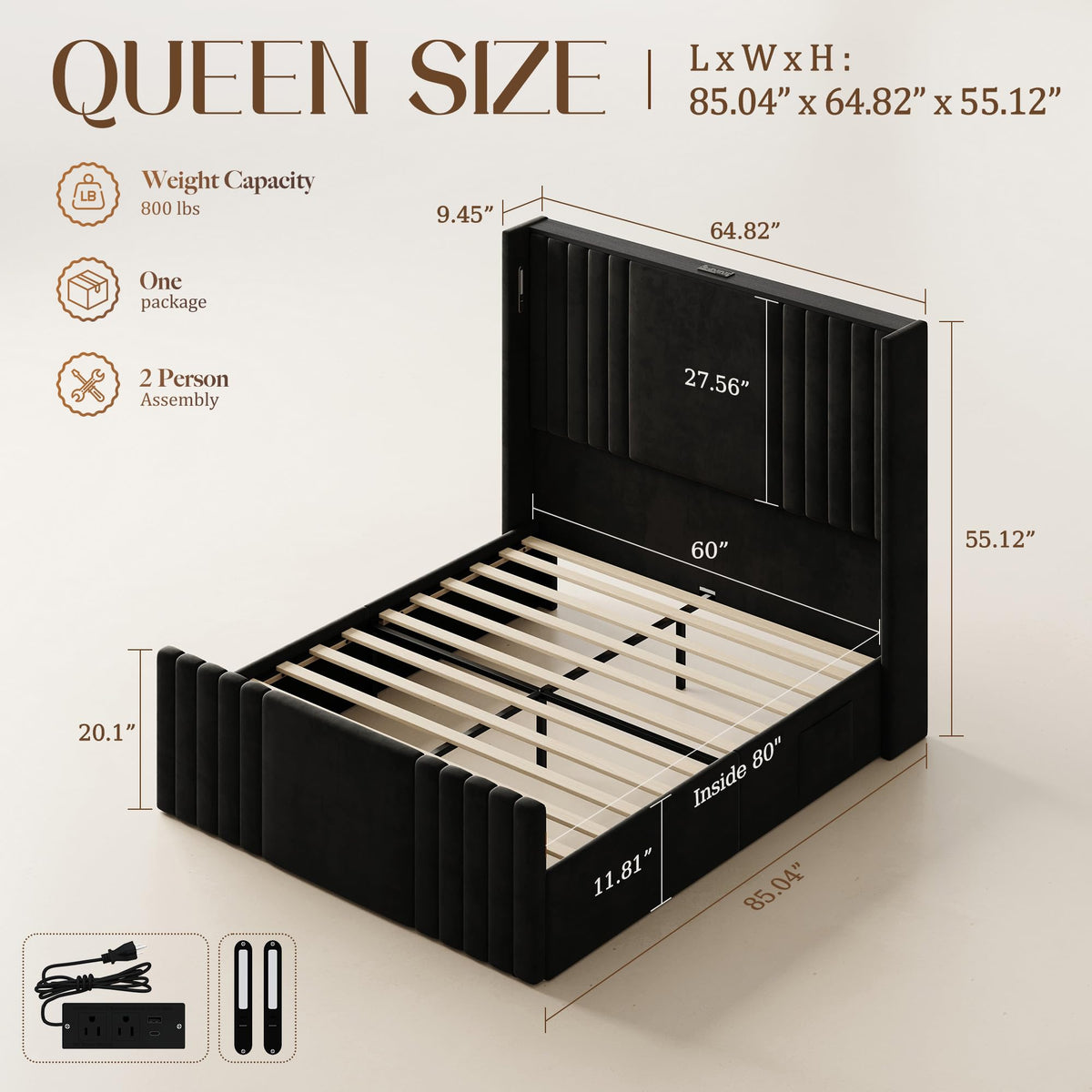 Queen Size Platform Bed Frame with Reading Lights Q18464