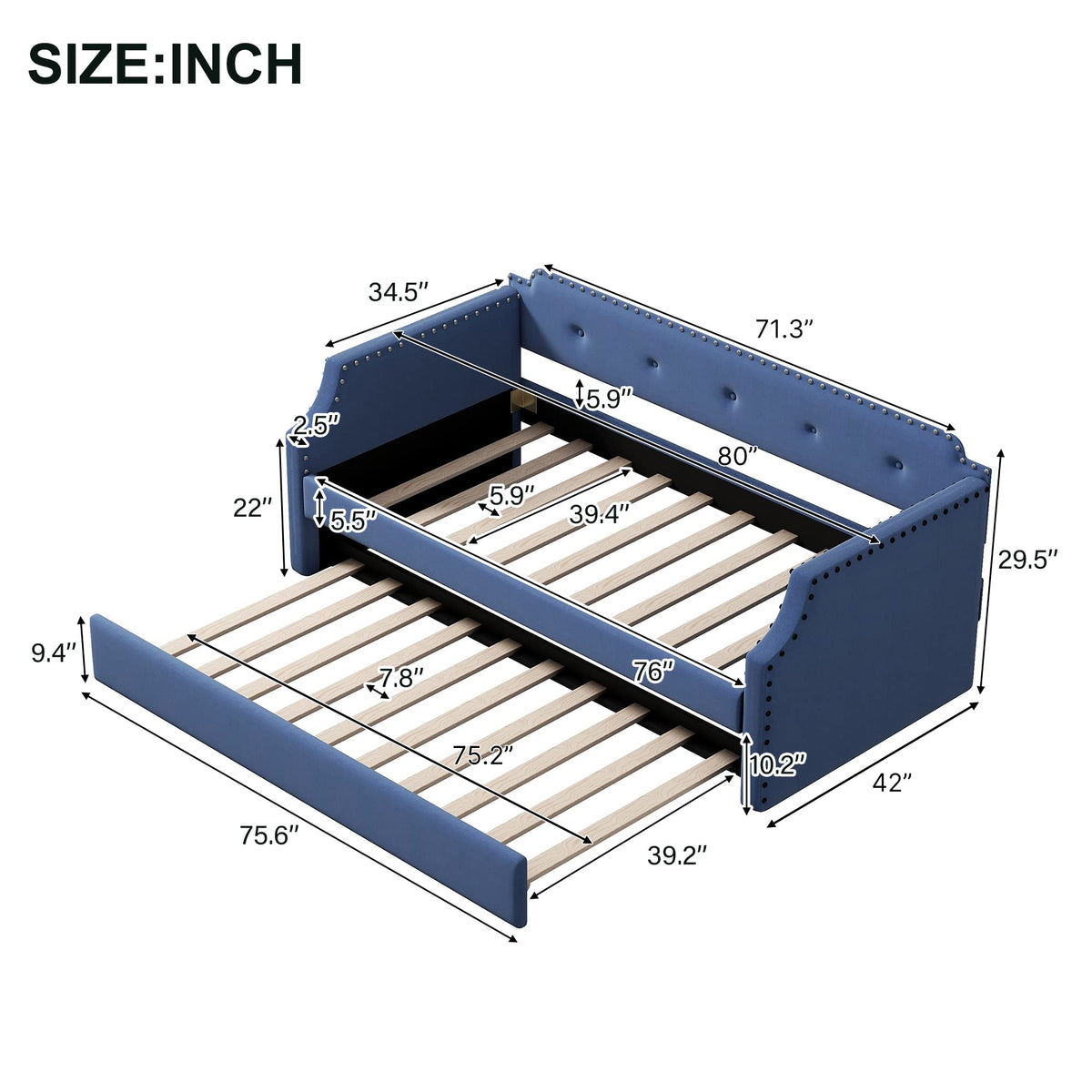 Blue Linen Upholstered Daybed with Trundle Twin Size X68012