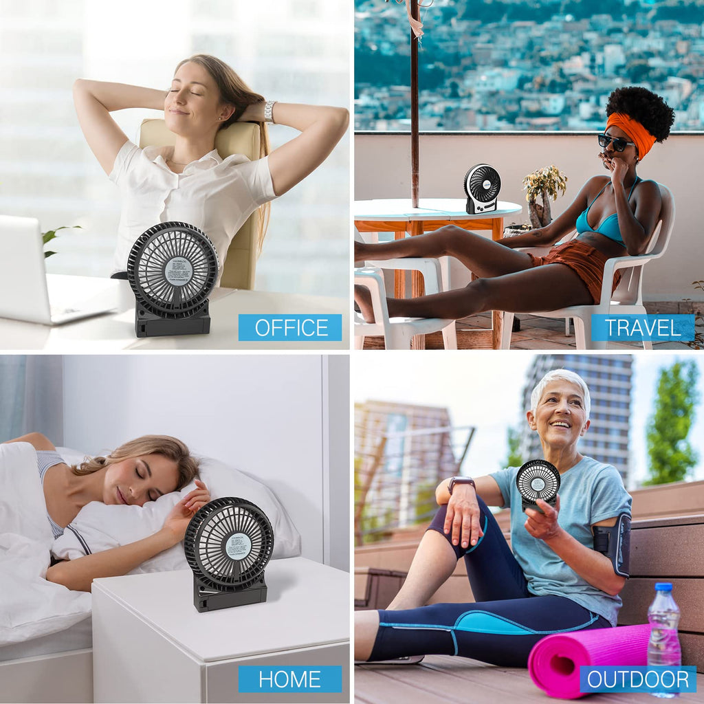 4.9-Inch Mini Desk Fan, 3 Speeds, Rechargeable USB Powered with LED Light, Black Z138