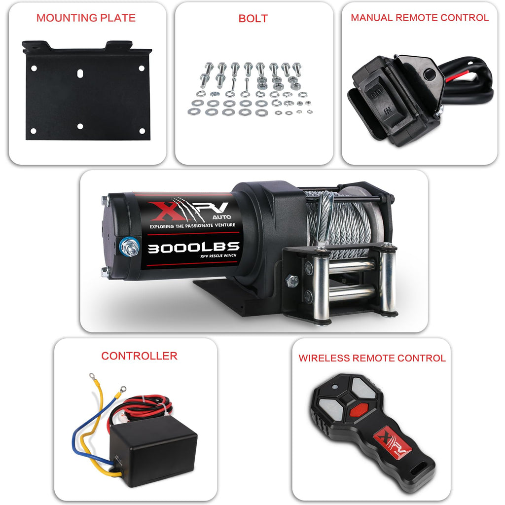 3000 lb 12V DC Electric Winch with Wireless Remote and Corded Control C26868