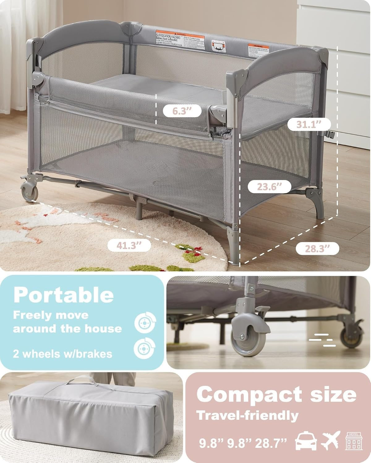 4-in-1 Baby Bassinet, Bedside Sleeper, Playard, Changing Table P96856