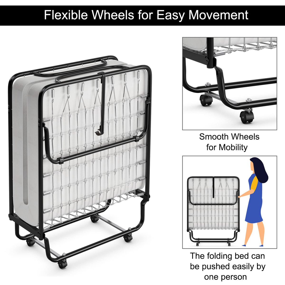 Folding Bed with Memory Foam Mattress and Metal Frame on Wheels M2909