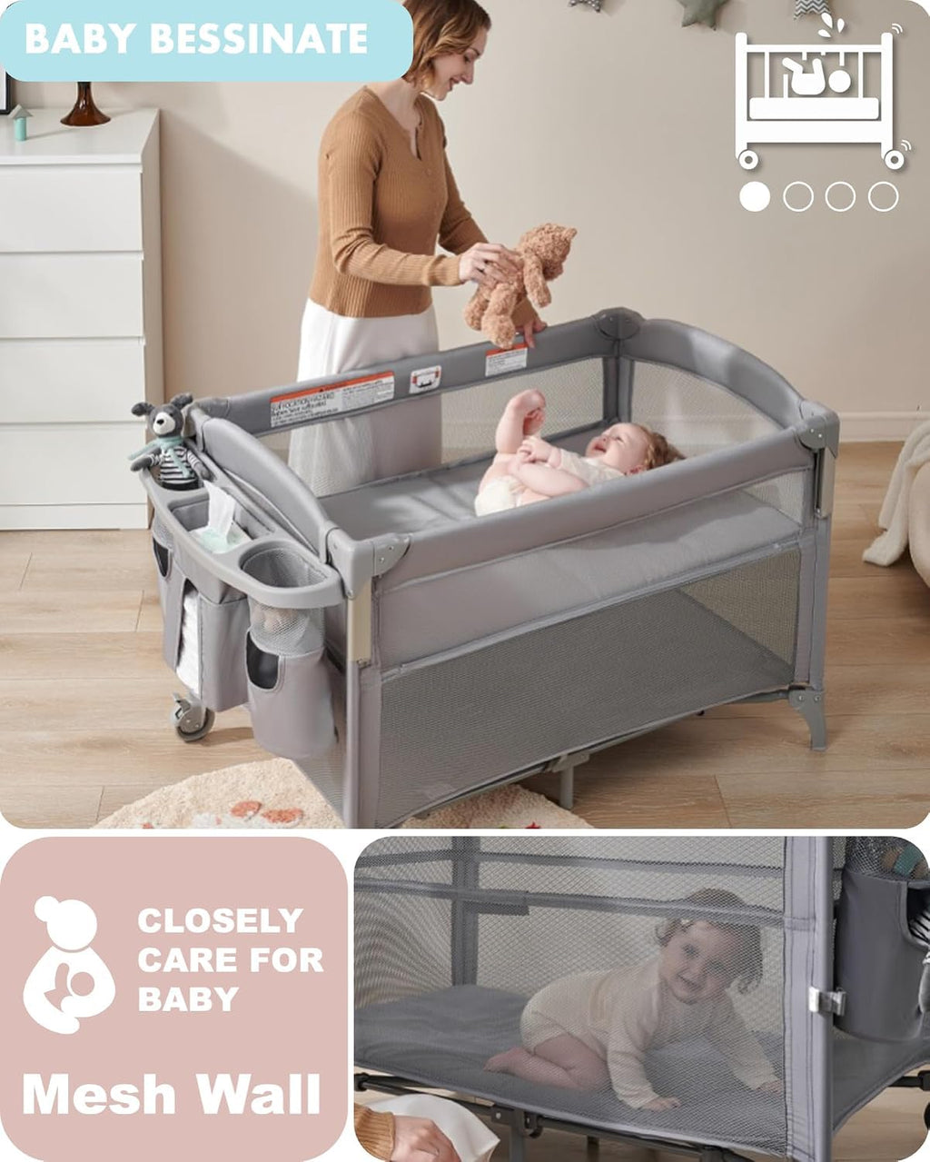 4-in-1 Baby Bassinet, Bedside Sleeper, Playard, Changing Table P96856