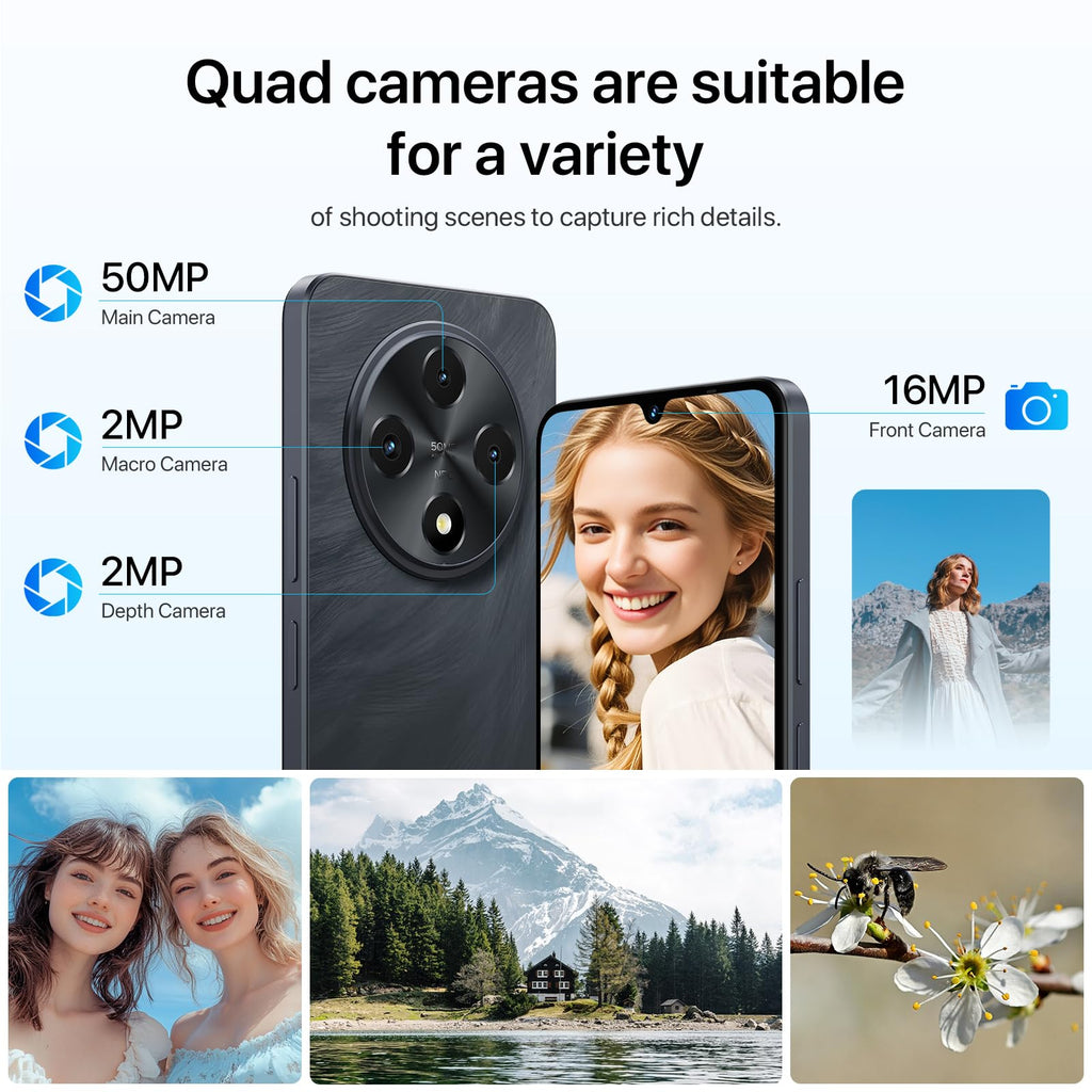 Android 14 6.9" HD+ 120Hz Octa-core 16GB +256GB 6000mAh 50MP Triple Camera Dual 4G LTE NFC Black Smartphone Q5051