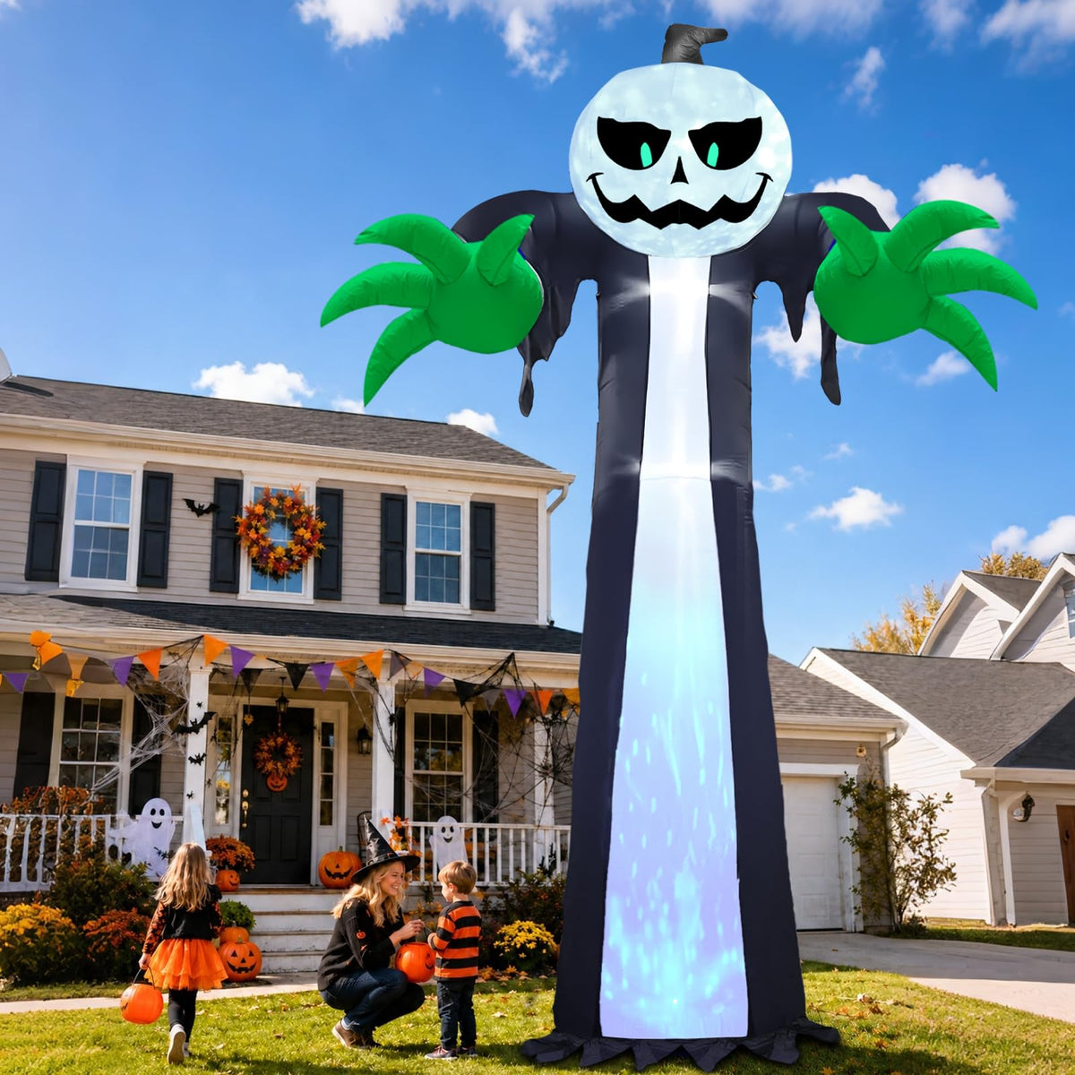 14 Ft Inflatable Pumpkin Ghost Decoration with Rotating LED Light O5179