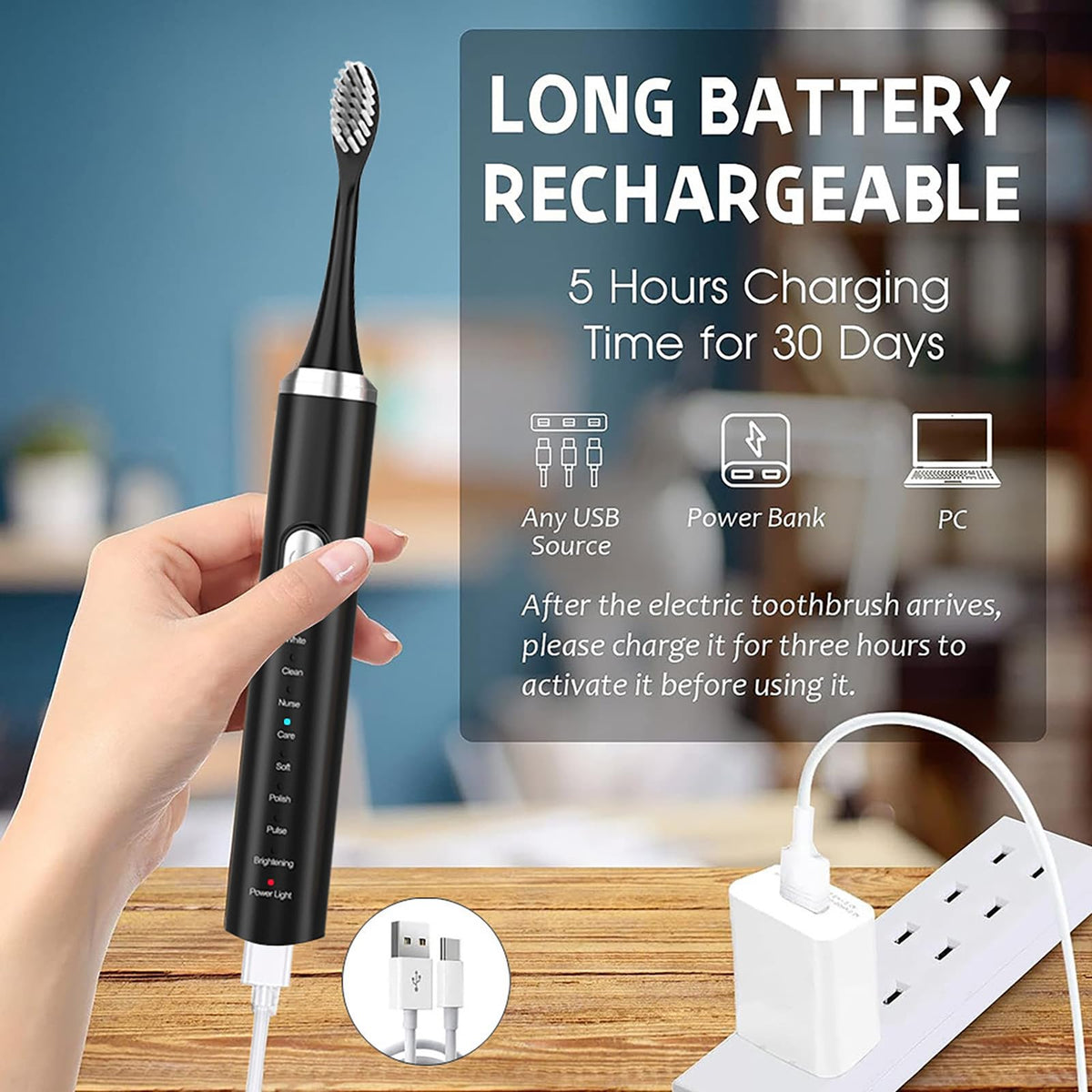 Black Rechargeable Electric Toothbrush with 4 Replacement Heads Q383184