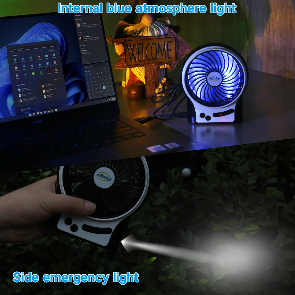 4.9-Inch Mini Desk Fan, 3 Speeds, Rechargeable USB Powered with LED Light, Black Z138