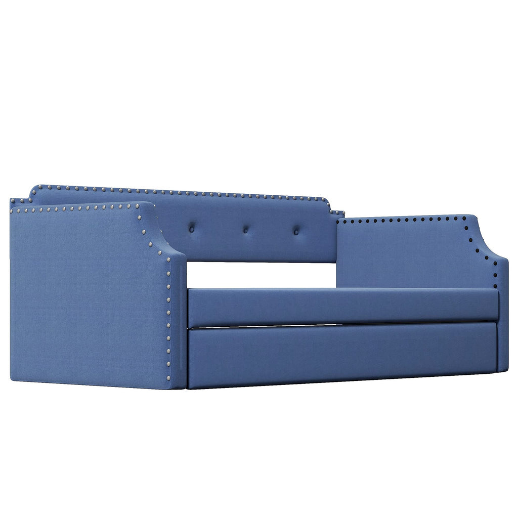 Blue Linen Upholstered Daybed with Trundle Twin Size X68012